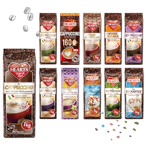 HEARTS Cappuccino Eiskaffee Trinkschokolade Latte - 11 Packungen Mix á 1kg - Exklusiver Probierpack - alle Geschmacksrichtung, Vorteilspack Familienpackung von HEART's