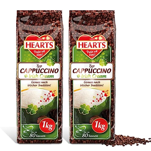 HEARTS Cappuccino Irish Cream, 2er Pack (2 x 1 kg), lösliches Instant Kaffeepulver, 160 Tassen, Genuss nach irischer Tradition von HEART's