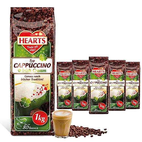 HEARTS Cappuccino Irish Cream, 5 x 1kg lnstant Kaffeepulver, leicht löslich, 5er Vorratspackung, ca. 400 Tassen, Genuss nach irischer Tradition von HEART's