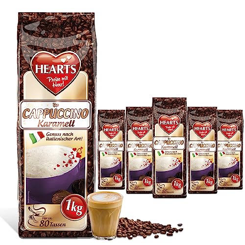 HEARTS Cappuccino Karamell, 5 x 1kg lnstant Kaffee Pulver, leicht löslich, 5er Vorratspackung, ca. 400 Tassen von HEART's