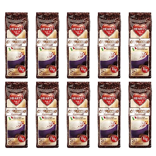 HEARTS Cappuccino Karamell 10 x 1kg - Genuss nach italienischer Art - Vorratspackung - Leicht löslich, Instant Kaffeepulver - Reicht für 800 Tassen von HEART's