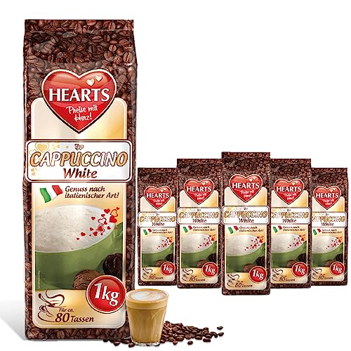 HEARTS Cappuccino White Line, 5 x 1kg lnstant Kaffeepulver, intensives Aroma, löslich, milchig, cremig mit Vanille Geschmack, 5er Vorratspackung, reicht für 400 Tassen von HEART's