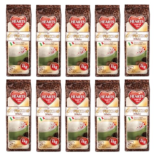 HEARTS Cappuccino White Line 10 x 1kg lnstant Kaffeepulver, intensives Aroma, löslich, milchig, cremig mit Vanille Geschmack, 10er Vorratspackung, reicht für 800 Tassen von HEART's