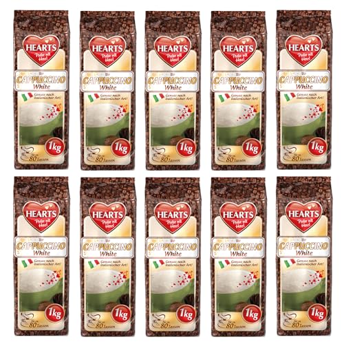 HEARTS Cappuccino White Line 10 x 1kg lnstant Kaffeepulver, intensives Aroma, löslich, milchig, cremig mit Vanille Geschmack, 10er Vorratspackung, reicht für 800 Tassen von HEART's