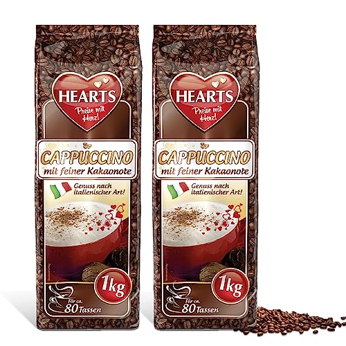 HEARTS Cappuccino mit feiner Kakaonote, 2er Pack (2 x 1 kg) intensives Aroma, milchig & cremig, lösliches instant Kaffeepulver, reicht für 160 Tassen von HEART's