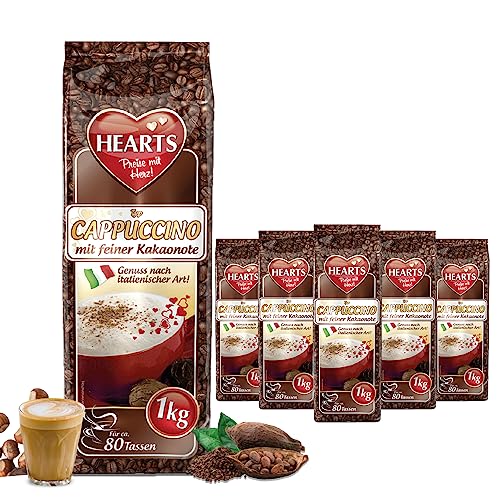 HEARTS Cappuccino mit feiner Kakaonote, 5 x 1kg lnstant Kaffeepulver, intensives Aroma, milchig, cremig, leicht löslich, 5er Vorratspackung, reicht für 400 Tassen von HEART's