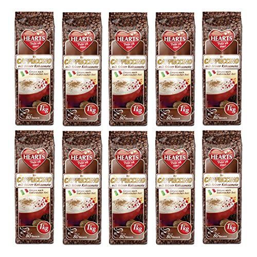 HEARTS Cappuccino mit feiner Kakaonote 10 x 1kg - Vorratspackung ca. 80 Tassen pro Beutel - Intensives Aroma, Milchig & Cremig, praktische Familienpackung von HEART's