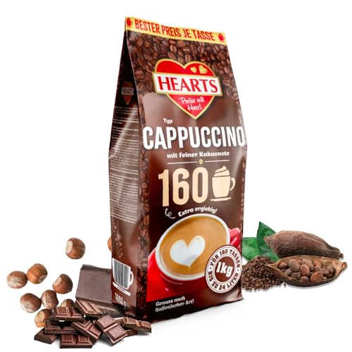 HEARTS Cappuccino mit feiner Kakaonote 1kg - Probierpack - Extra Ergiebig - für 160 Tassen - Milchig & Cremig - Kaffeehaltiges Getränkepulver von HEART's