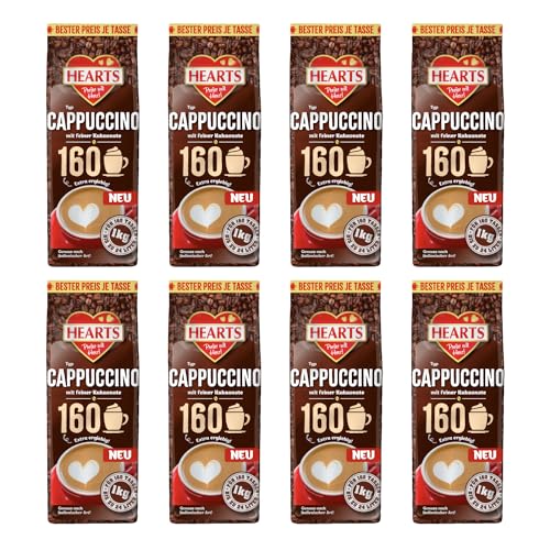 HEARTS Cappuccino mit feiner Kakaonote 8 x 1kg - Extra Ergiebig - ca. 160 Tassen/Beutel - Milchig & Cremig, Vorteilspack - Familienpackung von HEART's