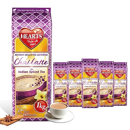 HEARTS Chai Latte Pulver 5 x 1kg Instant Milchtee, leicht löslich mit echten Gewürzen, Spiced Tea für Gastro und Zuhause, einfach Wasser hinzufügen, reicht für 250 Tassen von HEART's
