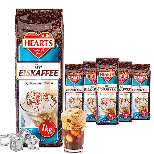 HEARTS Eiskaffee 5 x 1kg lnstant Kaffeepulver für Sommer, Schnelle Zubereitung, 5er Vorteilspack, reicht für 325 Gläser, Ice Coffee, Sommergetränk mit erfrischendem Genuss von HEART's