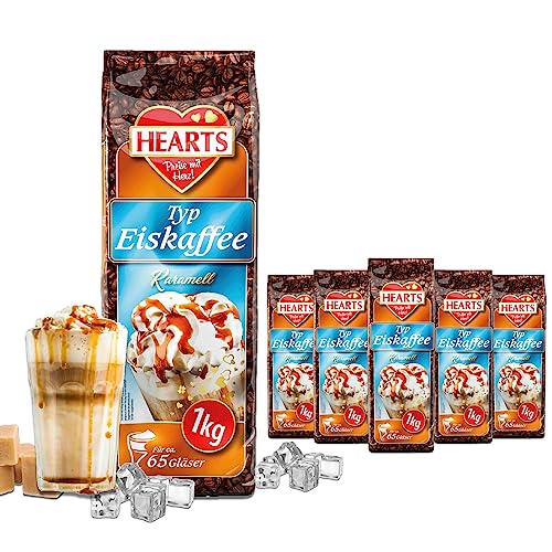 HEARTS Eiskaffee Karamell, 5 x 1kg lnstant Kaffeepulver für Sommer, schnelle Zubereitung, löslich, milchig, cremig, 5er Vorratspackung, reicht für 400 Tassen von HEART's