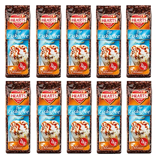 HEARTS Eiskaffee Karamell 10 x 1 kg Instantpulver für Eiskaffee mit Karamellgeschmack, Vorratspackung, Sommergetränk im Beutel, für heiße Tage, erfrischendes Getränk mit schneller Zubereitung von HEART's