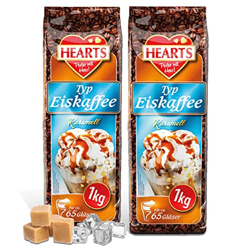 HEARTS Eiskaffee Karamell 2er Pack x 1 kg, Intant Kaffee Pulver für Sommer, schnelle Zubereitung, löslich milchig cremig, reicht für 160 Tassen von HEART's