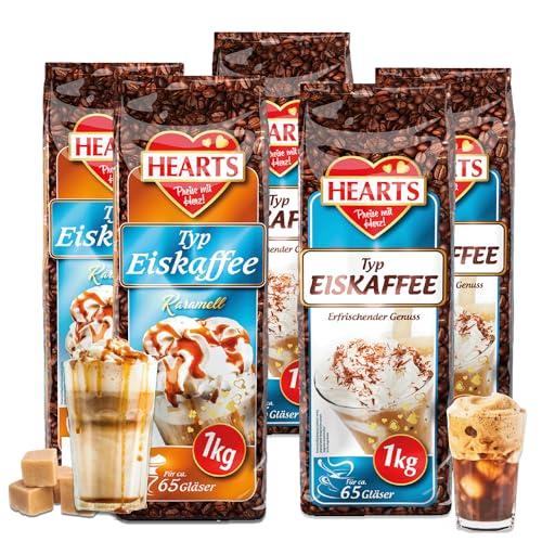 HEARTS Eiskaffee Pulver 20 x 1kg, Vorteilspackung (10 x Klassik und 10 x Karamell) Perfekt für Tankstellen, Bäckerei, Hotels, Resorts usw. - lnstant Kaffeepulver Sommergetränk für Sommer von HEART's