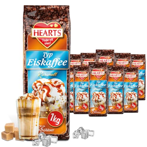 HEARTS Eiskaffee Pulver Karamell 20 x 1kg, Vorteilspack perfekt für Tankstellen, Bäckerei, Hotels, Unternehmen usw. - lnstant Kaffeepulver für Sommer, Frappe Art, Sommergetränk, erfrischender Genuss von HEART's