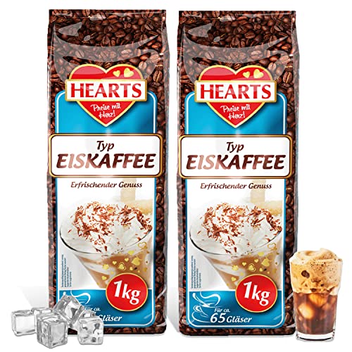 HEARTS Eiskaffee 2 x 1 kg, 65 Tassen pro Beutel, Vorteilspack, Ice Coffee, Erfrischender Genuss, Sommergetränk, Instant Kaffee, Koffeinhaltig, Schnelle Zubereitung, Kaltgetränk, Löslicher Bohnenkaffee von HEART's