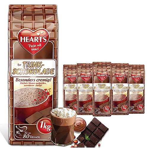 HEARTS Trinkschokolade, 5 x 1kg lnstant Drinking Chocolate Pulver, leicht löslich, milchig, cremig, 5er Vorratspackung, reicht für 400 Tassen von HEART's