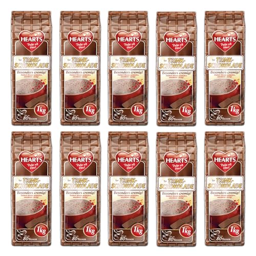 HEARTS Trinkschokolade 10 x 1kg - Vorteilspack Getränkepulver - Instant Kakaopulver - löslich, milchig, cremig - reicht für 800 Tassen - Einfache Zubereitung von HEART's