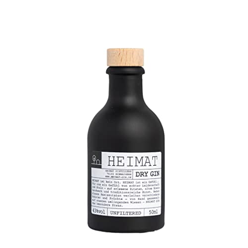 HEIMAT Dry Gin Miniatur (1x 50ml) zum Probieren mit 18 Botanicals wie Salbei, Thymian, Apfel, Lavendel, Ingwer aus der Heimat Destille, kleine Flasche als Geschenk oder Probiergröße von HEIMAT