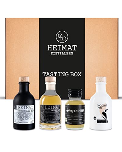 HEIMAT Gin Tasting Set Box (4 x 50ml) Probierset Mini-Dry-G in, Barrel Aged, Vogelfrei (alkoholfrei) & Ingefaer Ingwer-Schnaps - Geschenkset mit exklusivem Home-Tasting-Video von HEIMAT