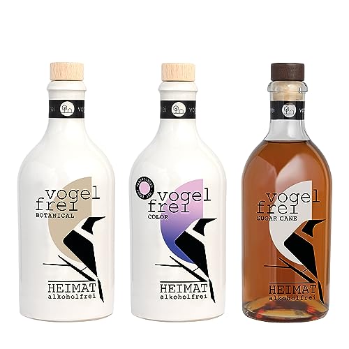 VOGELFREI Alkoholfreies 3er Probier-Set (3 x 500 ml) Gin und Rum Alternative - BOTANICAL, COLOR mit Farbwechsel und SUGAR CANE aus HEIMAT Destille für alkoholfreie Cocktails und Drinks von HEIMAT
