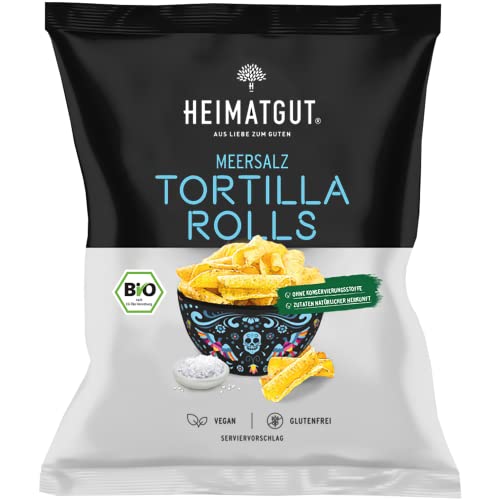 HEIMATGUT® Bio Tortilla Rolls Meersalz – vegane, knusprige Maischips dezent mit Meersalz gewürzt, Tortilla Chips perfekt zum Dippen (12 x 125 g) von HEIMATGUT AUS LIEBE ZUM GUTEN