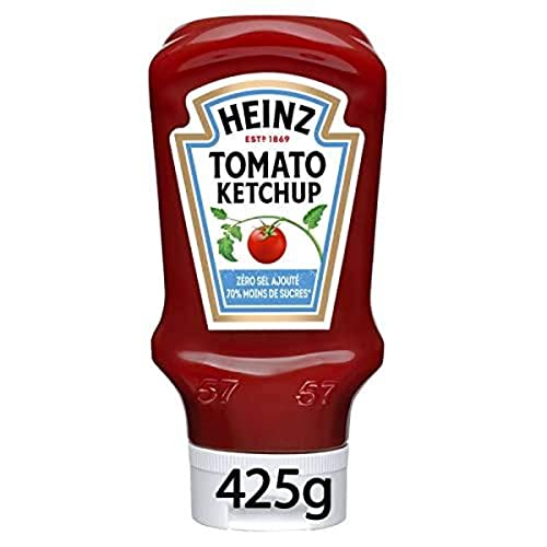 Heinz Ketchup Zero Salz hinzugefügt, 70 % weniger Zucker – weiche Flasche Top down 425 g von HEINZ