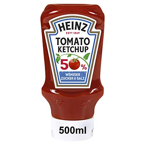 Heinz Tomato Ketchup 50 Prozent weniger Zucker und Salz* – Tomatenketchup in Kopfsteherflasche – 10 x 500 ml von Heinz