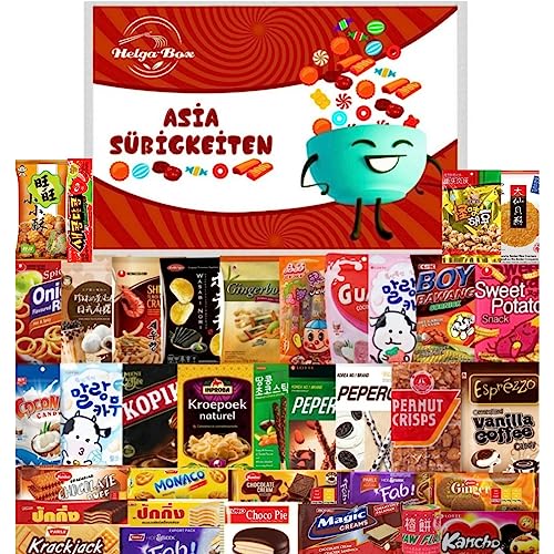 HELGA - BOX Asiatische Süßigkeiten ausgefallene enthält 20 beliebte Snacks aus ganz Asien vielseitiger Asia - Mix wie Jelly Straws & Krabbenchips ideal als Geschenk Box von HELGA-BOX