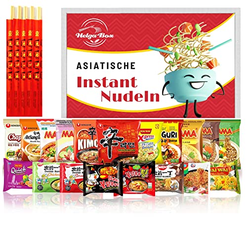 HELGA-BOX Instant Nudeln mit 12 verschiedenen Asia - enthält 5x Bambus Essstäbchen - ausgewählter Mix an Ramen wie Samyang, Mama, Nongshim, Yumyum. - Geschenkbox von HELGA-BOX