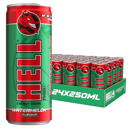 HELL Energy Drink Watermelon Flavour | 24 x 250 ml Dosen Multipack | 32 mg/100 ml Koffein | enthält Vitamine B2 B3 B5 B6 B12 | konservierungsstofffrei | vegan | reduziert Müdigkeit und steigert die von HELL ENERGY