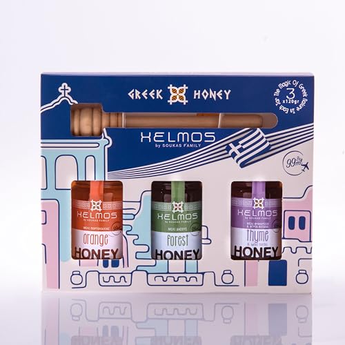 Helmos Honig-Geschenkset mit Holzlöffel und drei griechischen Honigsorten: Orangenblütenhonig 120gr, Thymian Honig 120gr, Waldhonig 120gr von Helmos