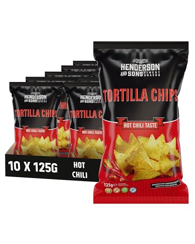 HENDERSON AND SONS Tortilla Chips Hot Chili - 10 x 125 Gramm Beutel - Mais Tortillas mit Chiligeschmack - Perfekter Snack für Sportabende wie American Football oder Fußball HENDERSON AND SONS Tortilla Chips Hot Chili - 10 x 125 Gramm Beutel - Mais Tortillas mit Chiligeschmack - Perfekter Snack für Sportabende wie American Football oder Fußball von HENDERSON AND SONS