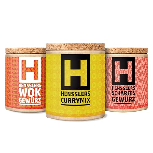 HENSSLERS 3er Asia Set Curry-Mix, Wok-Gewürz & Scharfes Gewürz – Curry-Pulver Madras Art, Wok Gewürzmischung & Chili- und Pfeffer-Gewürz, 3 x 80 g von HENSSLERS