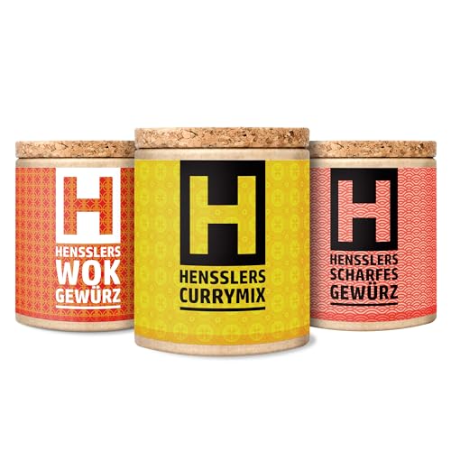 HENSSLERS 3er Asia Set Curry, Wok-Gewürz & scharfes Gewürz – Curry-Pulver Madras Art, Wok Gewürzmischung & Chili- und Pfeffer-Gewürz, 3 x 80 g von HENSSLERS