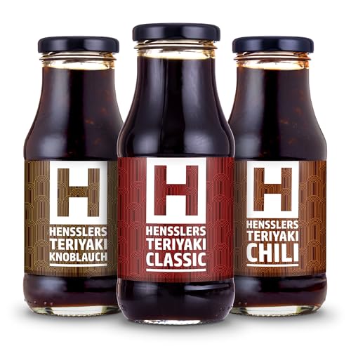 HENSSLERS Teriyaki 3er Mix in Classic, Chili, Knoblauch – Sojasauce zum Braten, Koch und Grillen, Teriyaki Sauce in süß-würzig, scharf und mit Knoblauch, glutenfrei, vegan, 3 x 240 ml von HENSSLERS