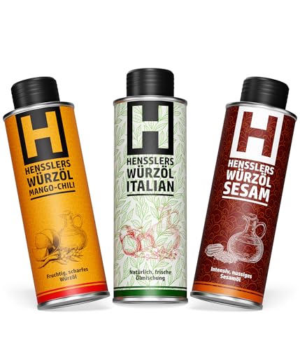 HENSSLERS Würzöl 3er Set – Italian aus Rapsöl und nativem Olivenöl, Sesamöl, Mango Chili Öl, ideal für warme und kalte Speisen, vegan, 3 x 250 ml HENSSLERS Würzöl 3er Set – Italian aus Rapsöl und nativem Olivenöl, Sesamöl, Mango Chili Öl, ideal für warme und kalte Speisen, vegan, 3 x 250 ml von HENSSLERS