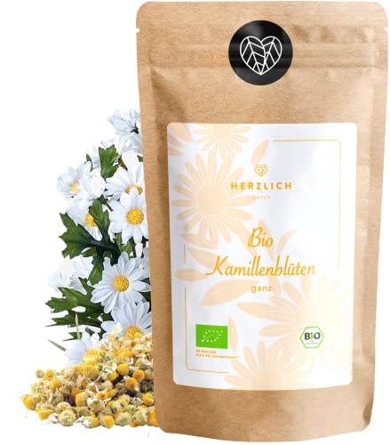 BIO Kamillenblüten - Kamillentee - 100% ganze Kamillenblüten, getrocknet - Premium Bio-Qualität - geprüft und abgefüllt in Deutschland (DE-ÖKO-39) | Herzlich Natur (100g) von Herzlich Natur