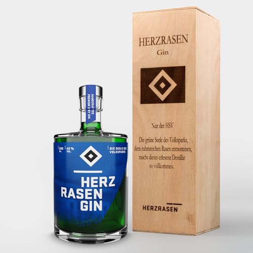 HSV Geschenkbox Gin Holzbox Holzkiste mit 0,5 l HSV GIN mit Original Hamburger Volksparkstadion Rasen, Hamburg von HERZRASEN