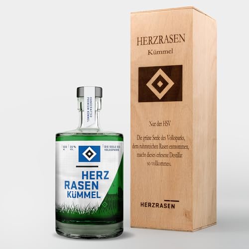 HSV Geschenkbox Kümmel Holzbox Holzkiste mit 0,5 l HSV Kümmel mit Original Hamburger Volksparkstadion Rasen, Hamburg von HERZRASEN