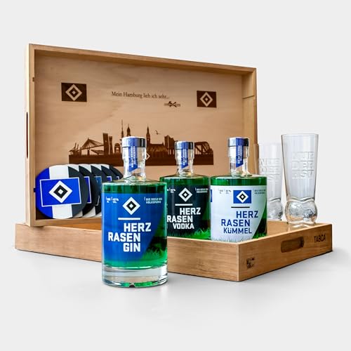 HSV Trilogie Tablett-Set mit Gin, Vodka, Kümmel in 0.5 l Flaschen, 2 HSV-Gläser, 5 HSV Untersetzer, Fangeschenk, Sammlerstück HSV Trilogie Tablett-Set mit Gin, Vodka, Kümmel in 0.5 l Flaschen, 2 HSV-Gläser, 5 HSV Untersetzer, Fangeschenk, Sammlerstück von HERZRASEN