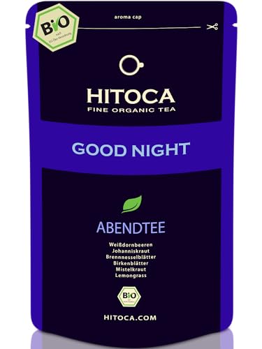 Gute Nacht Tee (Bio Johanniskraut) – Abendtee für Erwachsene – Guten Abend Bio-Tee beruhigt vor dem Schlaf zu trinken – Johanniskrauttee nach dem Stress & vor dem Einschlafen | HITOCA® von HITOCA