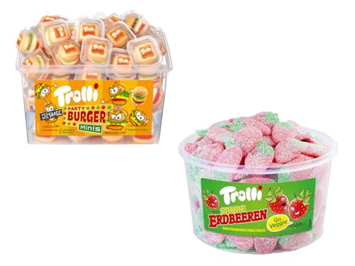 Trolli Dosen Diverse Sets 1er 2er 3er 4er Set Büro Party Mischpaket Grosspackung 1xBurger1xErdbeeren & 1xHLKauf-Block von HLKauf