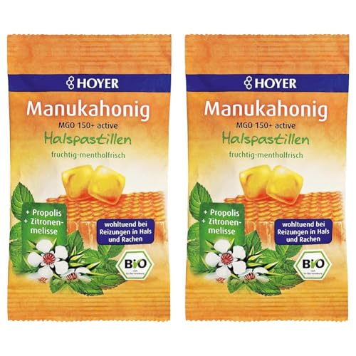 HOYER Manuka Honig Halspastillen Bio mit Propolis & Zitronenmelisse - Mit echtem Manukahonig, MGO 150+ - Wohltuend für Hals & Rachen - 30 g (Packung mit 2) von Hoyer