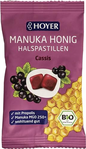 HOYER Manuka Honig Halspastillen Cassis Bio mit Propolis - Mit echtem Manukahonig, MGO 250+ - Wohltuend für Hals & Rachen - 30 g von HOYER