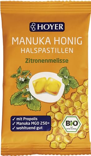 HOYER Manuka Honig Halspastillen Bio mit Propolis & Zitronenmelisse - Mit echtem Manukahonig, MGO 150+ - Wohltuend für Hals & Rachen - 30 g von Hoyer