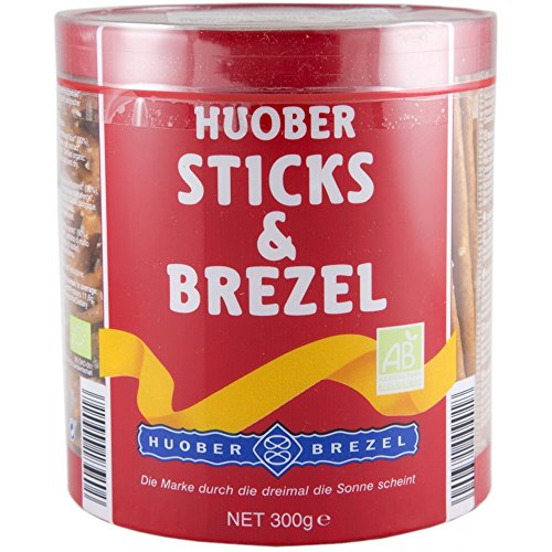 HUOBER Bio Sticks & Brezel, große Dose mit Salzstangen und Brezeln zum Anbieten, 300 g von Huober