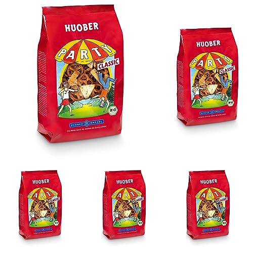 Huober Bio Party Classic, Salzgebäck Mix mit Mini Brezeln, Sesam-Cracker und Mohn-„Knabberle“, 200 g (Packung mit 5) von Huober