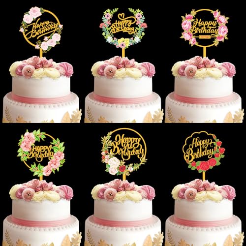 6 Stück Happy Birthday Tortenaufsätze Gold Blume Acryl Kuchen Topper Rose Kuchen Topper für verschiedene Geburtstagsparty Jahrestag Kuchen Gebäck Dekorationen 6 Stück Happy Birthday Tortenaufsätze Gold Blume Acryl Kuchen Topper Rose Kuchen Topper für verschiedene Geburtstagsparty Jahrestag Kuchen Gebäck Dekorationen von HWOLPEMS